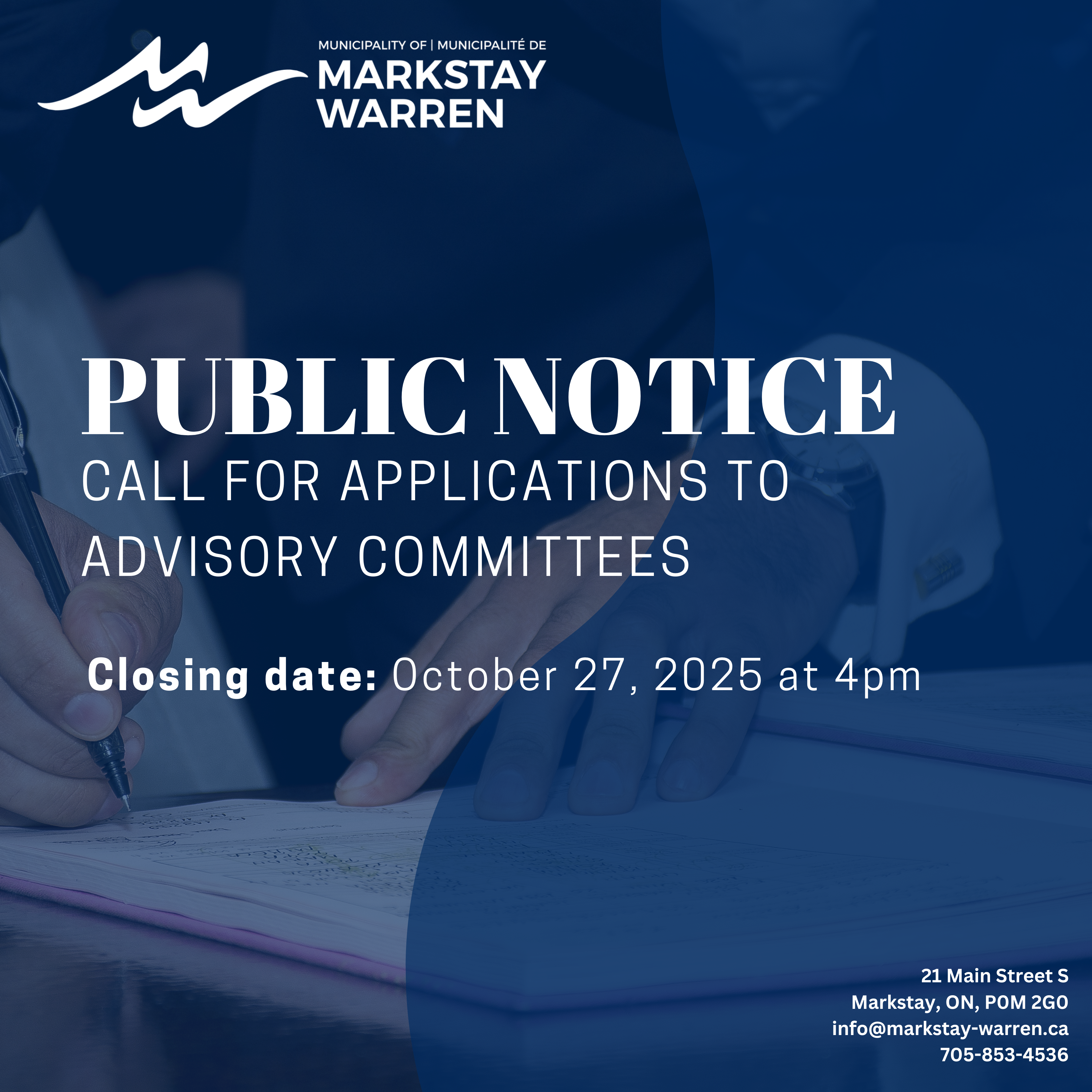 Public Notice: Call for Applications to Advisory Committees. Closing Date: October 27, 2025 at 4pm